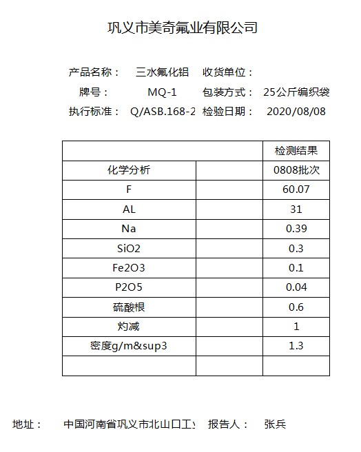 湿法氟化铝指标